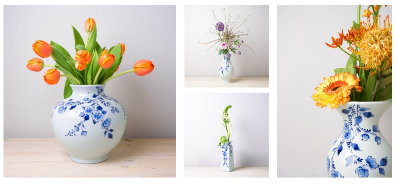 Handbeschilderde Made-Lief vazen groot en klein met verse bloemen Heinen Delfts Blauw