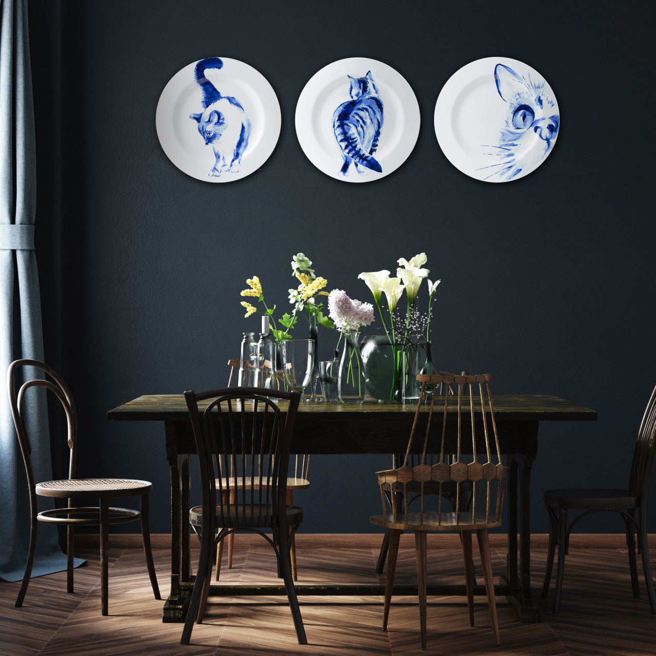 Drie wandborden met handgeschilderde katten van Heinen Delfts Blauw