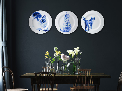 Katten drieluik handgeschilderd op wandborden van Heinen Delfts Blauw