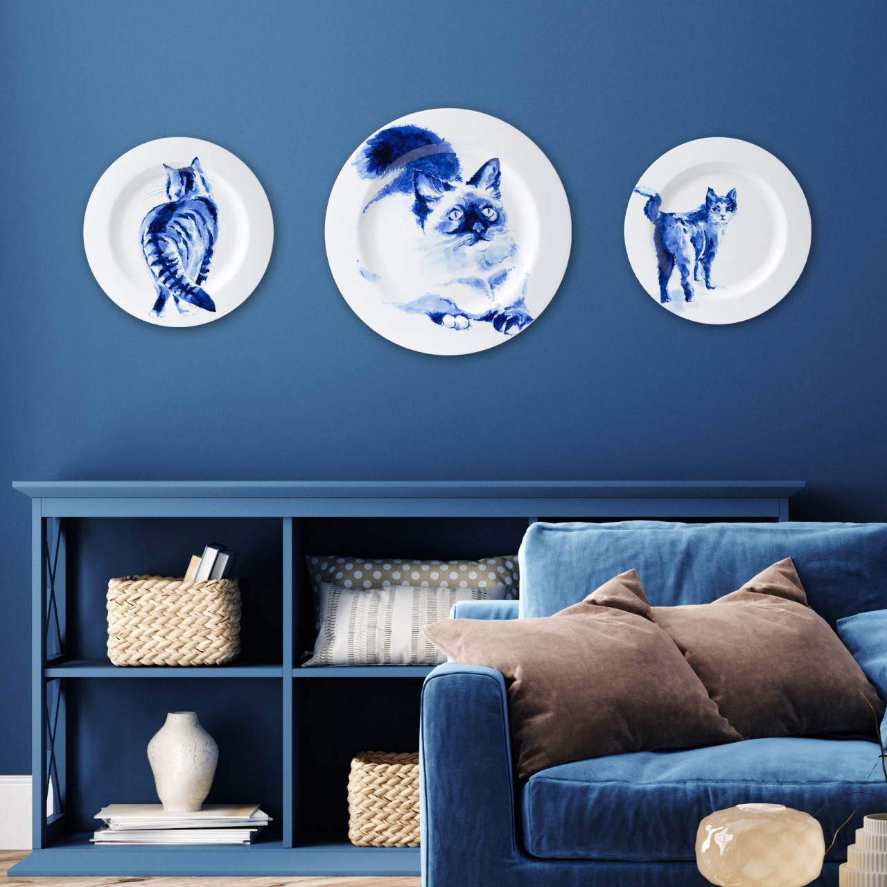 Drie wandborden in 2 maten met handgeschilderde katten van Heinen Delfts Blauw