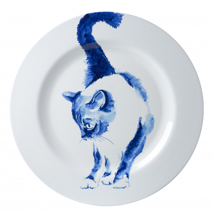 Handbeschilderde kat met krulstaart Heinen Delfts Blauw