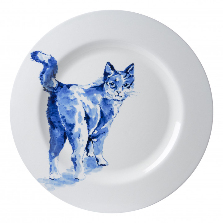 Handbeschilderde kat kijkt achterom groot Heinen Delfts Blauw