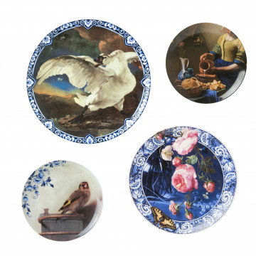 Wandborden Mix 1 Vermeer met vogels set van 4 Heinen Delfts Blauw