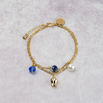 Armband met gouden tulp en Delfts blauwe bedels