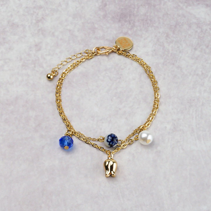 Armband met gouden tulp en Delfts blauwe bedels