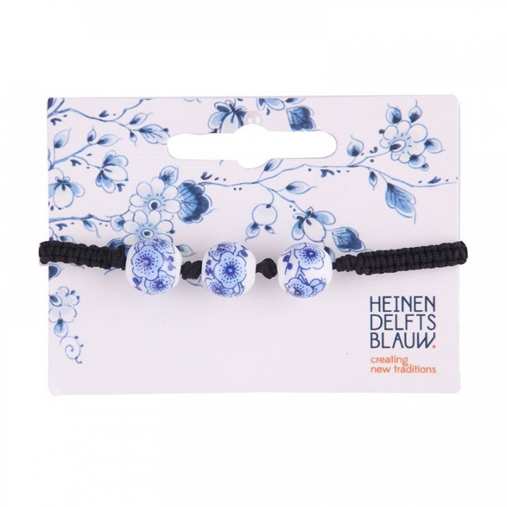 Armband met 3 delfts blauwe bloemen kralen (verstelbaar) Heinen Delfts Blauw