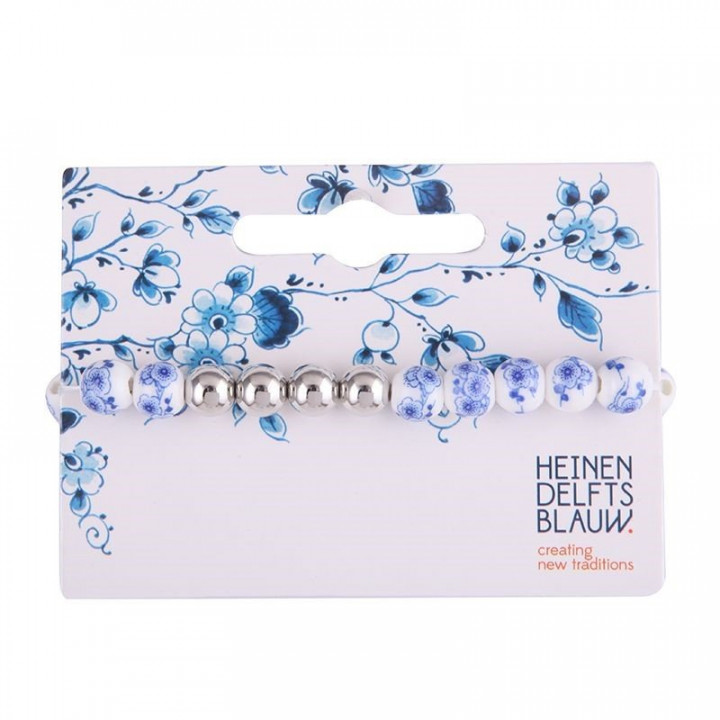 Armband delfts blauwe bloemen kralen en zilverkleurige parels Heinen Delfts Blauw