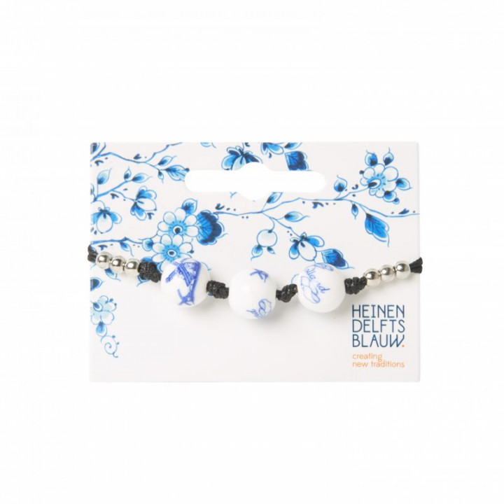 Armband delfts blauwe kralen met molens en zilverkleurige parels [verstelbaar] Heinen Delfts Blauw
