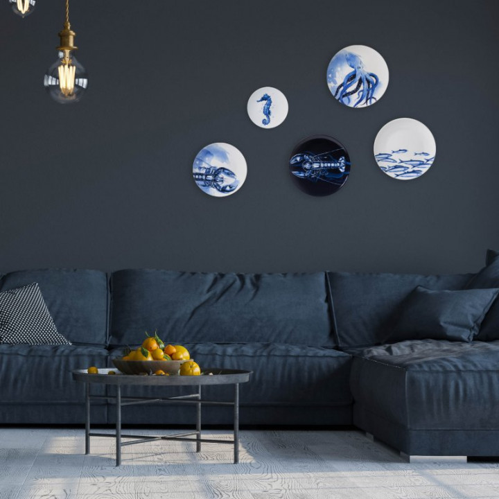 Delfts blauwe wandborden mix 6 zeedieren set van 5 aan de muur woonkamer Heinen Delfts Blauw
