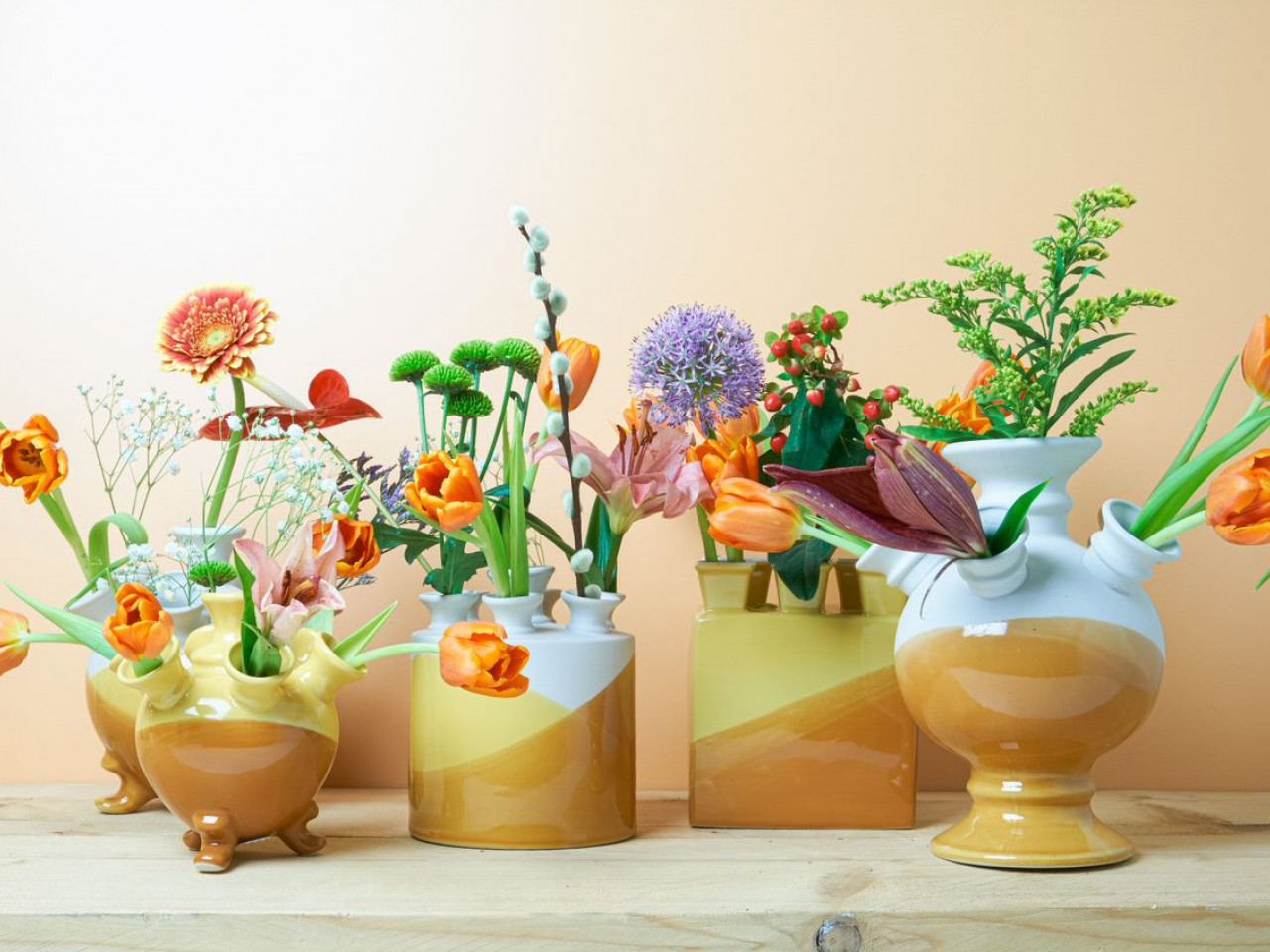 Dip en Dye Tulpenvazen geel met verse bloemen Heinen Delfts Blauw
