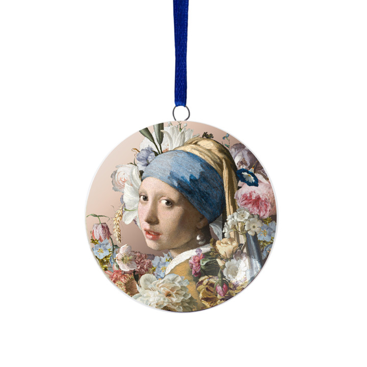 Kerstboomhanger Meisje met de parel pastel aan blauw lint