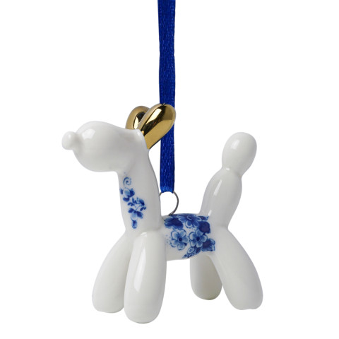 Kersthanger Delfts blauw ballon dier hond met gouden order