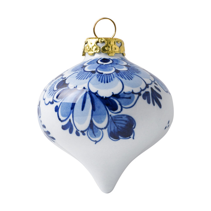 druppel kerstornament met een handgeschilderde Delfts blauwe bloem.