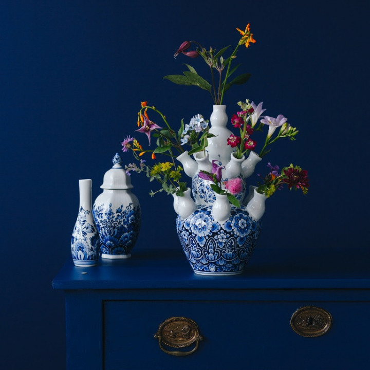 Handbeschilderde Tulpenvaas, Pulletje en Vaasje met bloemmotief blauw Heinen Delfts Blauw