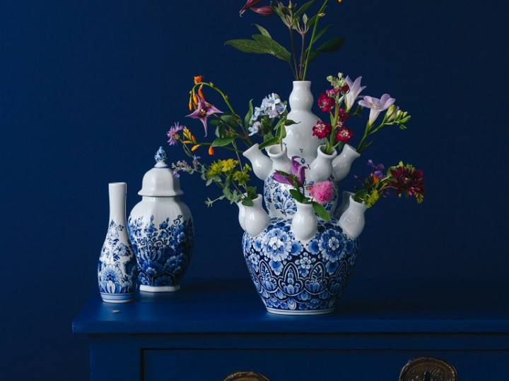 Handbeschilderde Tulpenvaas, Pulletje en Vaasje met bloemmotief blauw Heinen Delfts Blauw