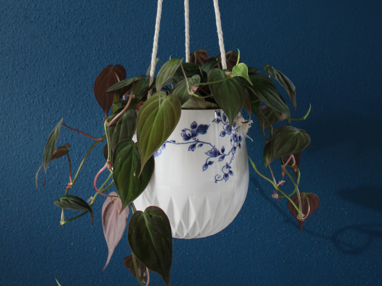 Witte hang bloempot met blauw bloesem schildering