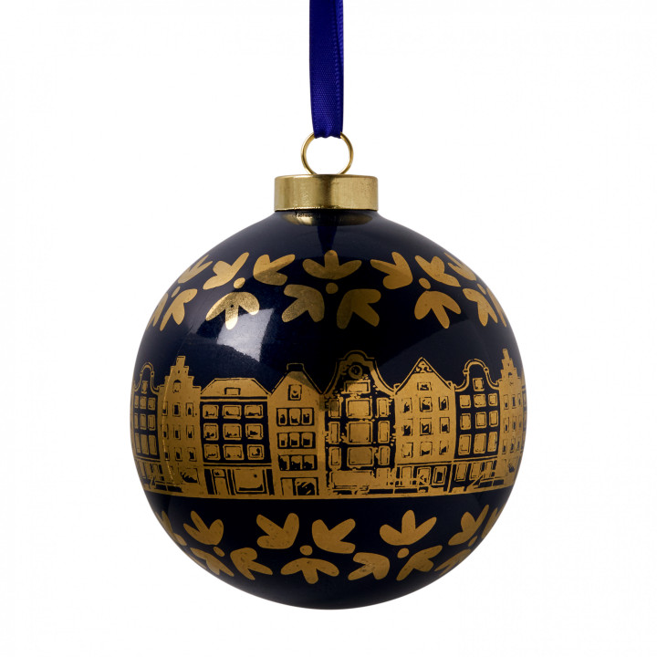 Blauwe kerstbal met gouden grachtenpanden van Heinen Delfts Blauw