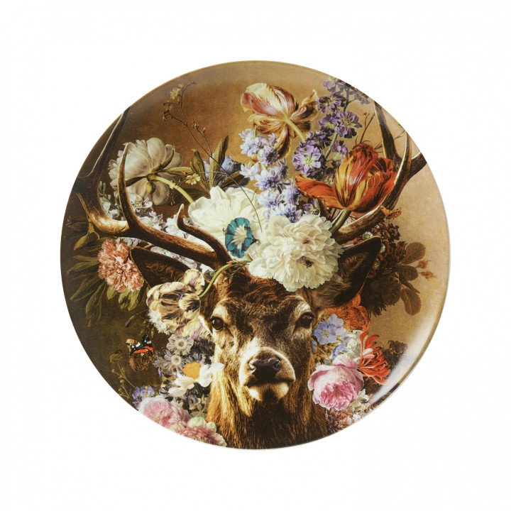 Wandbord met Edelhert portret omringt met bloemen