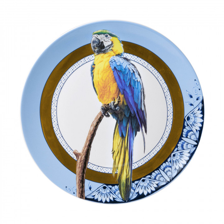Delfts blauw wandbord met Mandala tekening en een papegaai.