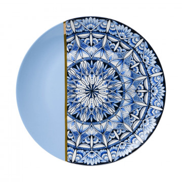 Wandbord met Delfts blauwe mandala tekening en een vlak effen licht blauw