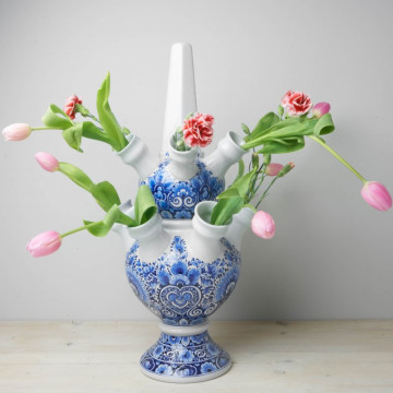 Handbeschilderde Tulpenvaas 2-delig bloemmotief met verse bloemen Heinen Delfts Blauw