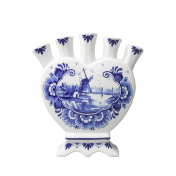 Delfts blauwe tulpenvaas hartvormig molen landschap en bloemmotief Heinen Delfts Blauw