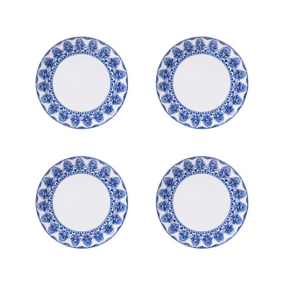 Vier gebaksbordjes met een Delfts blauwe rand van Pauw veren