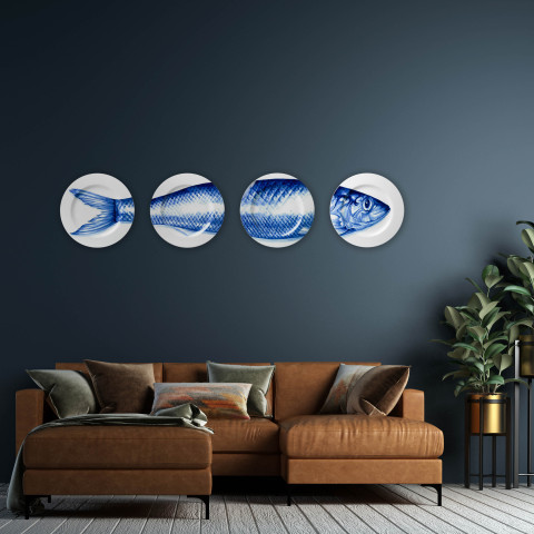 Handbeschilderde borden 4-delig haring/vis Heinen Delfts Blauw