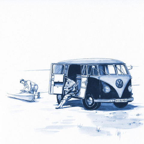 Delfts blauwe afbeelding van een Volkswagen bus