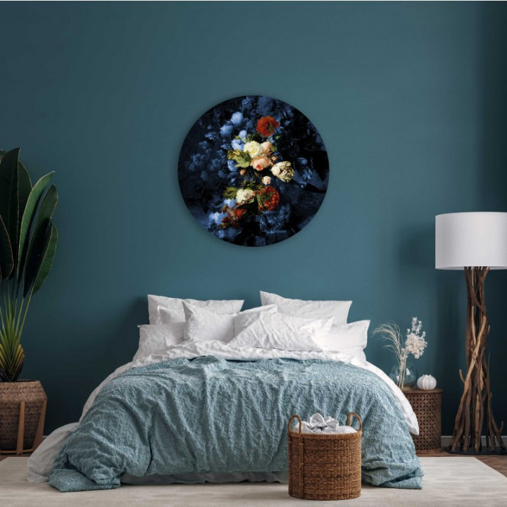 Wandcirkel Bloemenpracht 100 cm aan muur slaapkamer Heinen Delfts Blauw