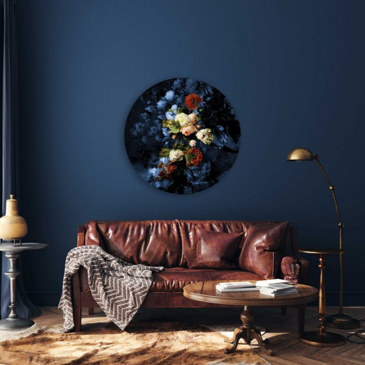Wandcirkel Bloemenpracht 100 cm aan de muur woonkamer Heinen Delfts Blauw