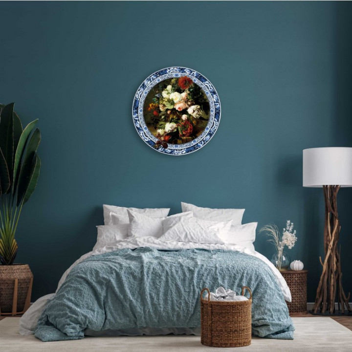 Wandcirkel Delftse Bloemenpracht 100 cm aan de muur slaapkamer Heinen Delfts Blauw