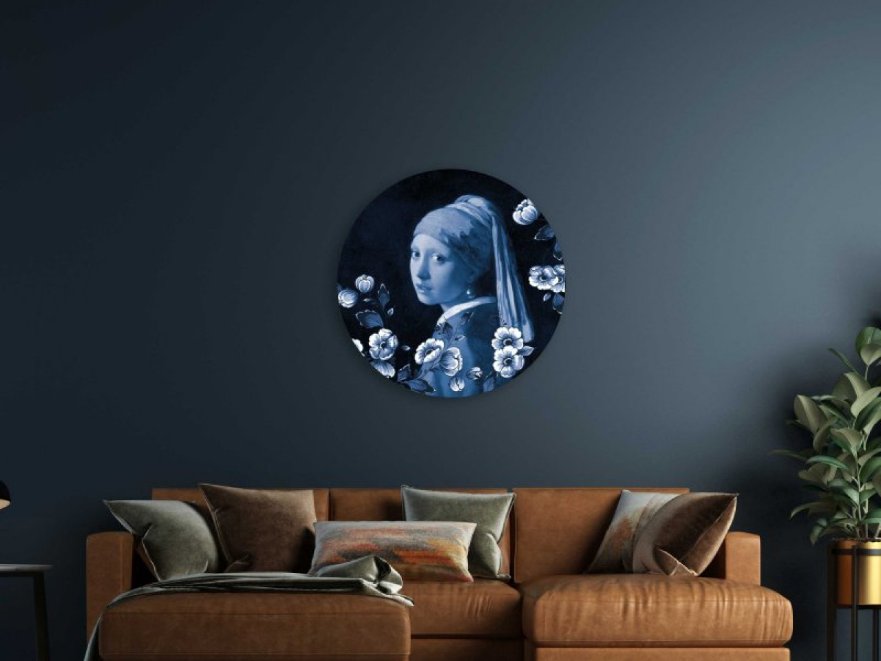 Wandcirkel Meisje met de Parel 100 cm aan de muur woonkamer Heinen Delfts Blauw