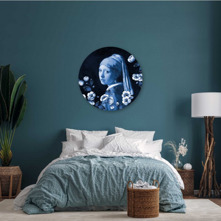 Wandcirkel Meisje met de Parel 100 cm aan de muur slaapkamer Heinen Delfts Blauw