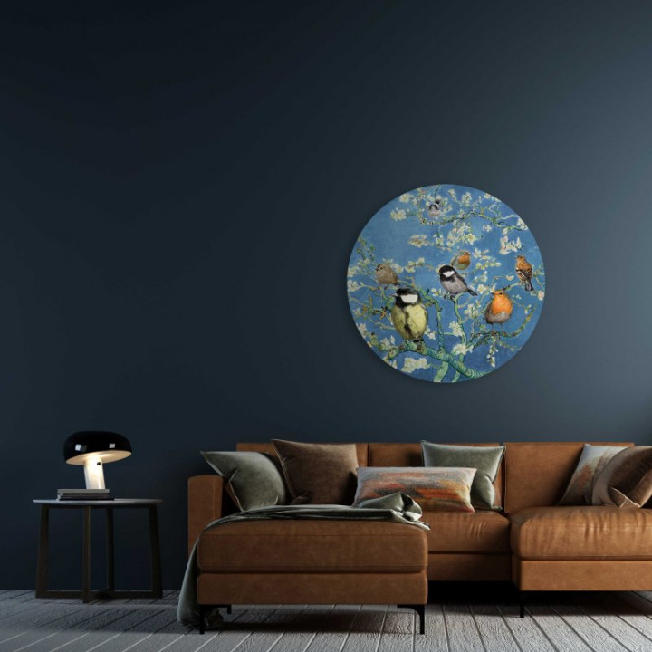 Wandcirkel Vogels van Van Gogh 100 cm aan de muur woonkamer Heinen Delfts Blauw